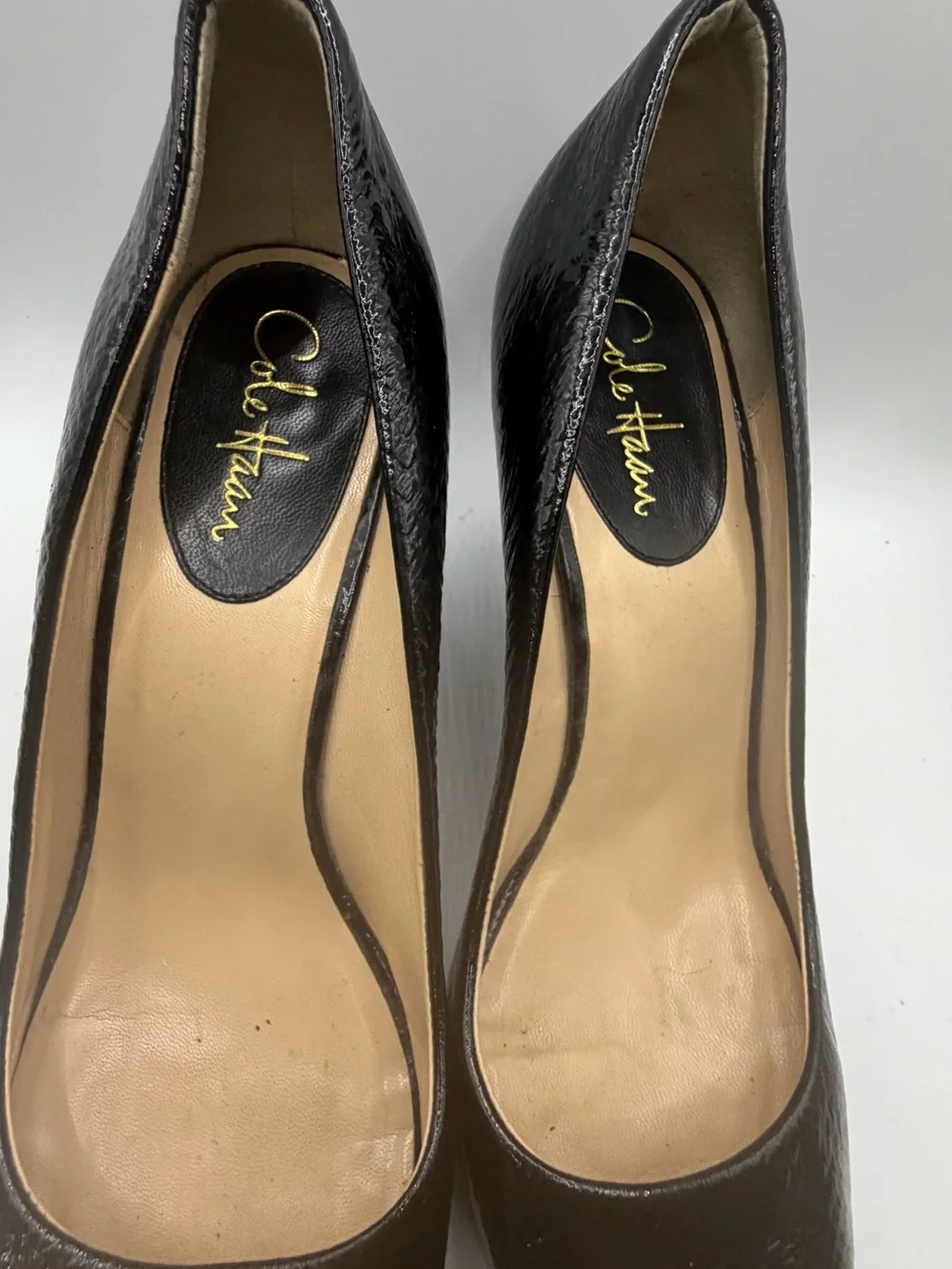 Cole Haan Black Snake Snake Skin Embossed Leather Peep-Toe Wedge Pumps